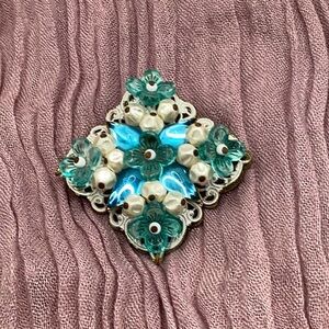 Vintage beaded teal,blue & white brooch, Western Germany